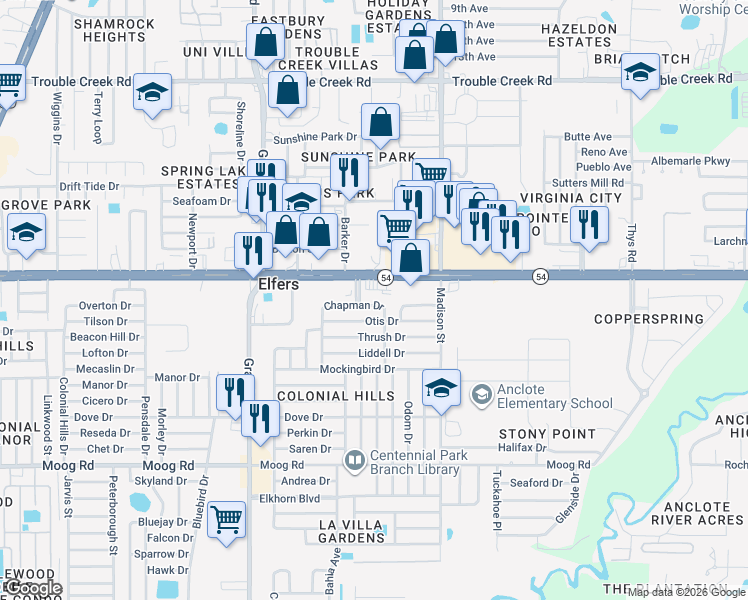 map of restaurants, bars, coffee shops, grocery stores, and more near 5813 Chapman Drive in New Port Richey