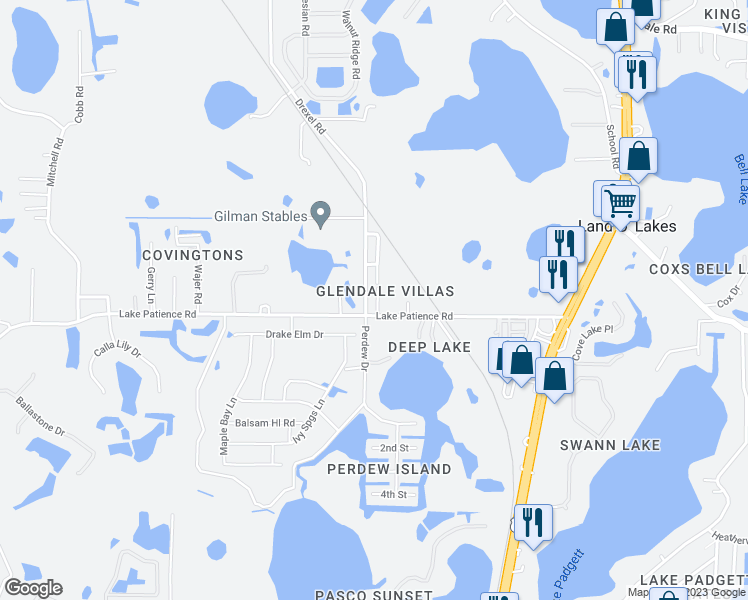 map of restaurants, bars, coffee shops, grocery stores, and more near 4021 My Lady Lane in Land O' Lakes