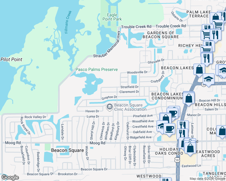 map of restaurants, bars, coffee shops, grocery stores, and more near 3931 Claremont Drive in New Port Richey
