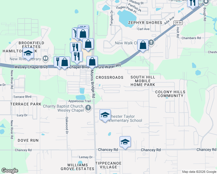 map of restaurants, bars, coffee shops, grocery stores, and more near 34651 Nancy Street in Zephyrhills