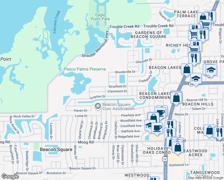map of restaurants, bars, coffee shops, grocery stores, and more near 4024 Stratfield Drive in New Port Richey