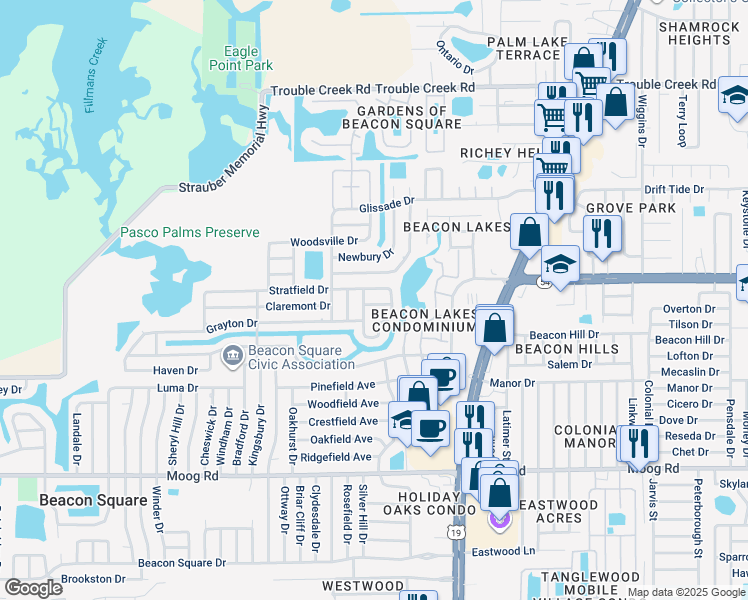 map of restaurants, bars, coffee shops, grocery stores, and more near 4301 Straits Lane in New Port Richey