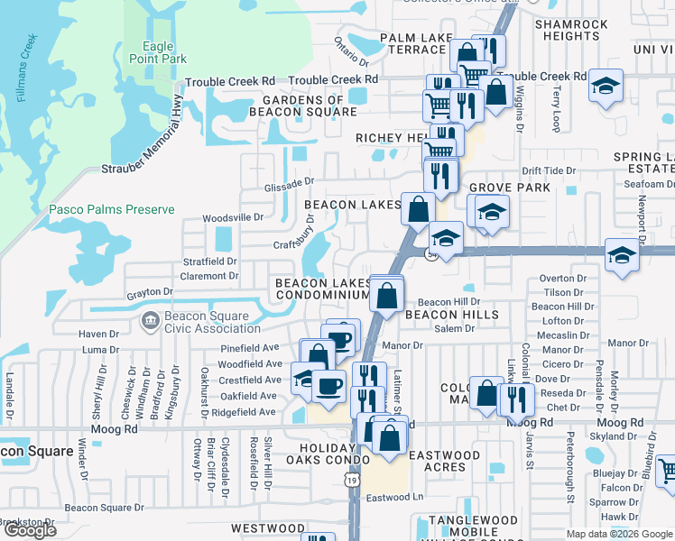 map of restaurants, bars, coffee shops, grocery stores, and more near 3970 Lighthouse Way in Port Richey