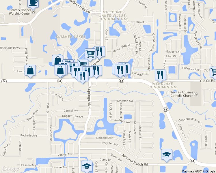 map of restaurants, bars, coffee shops, grocery stores, and more near 7446 Florida 54 in New Port Richey