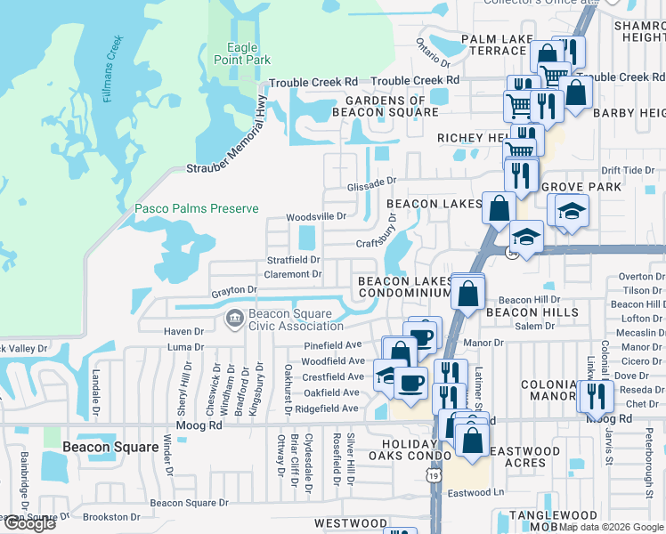 map of restaurants, bars, coffee shops, grocery stores, and more near 3937 Endicott Drive in New Port Richey