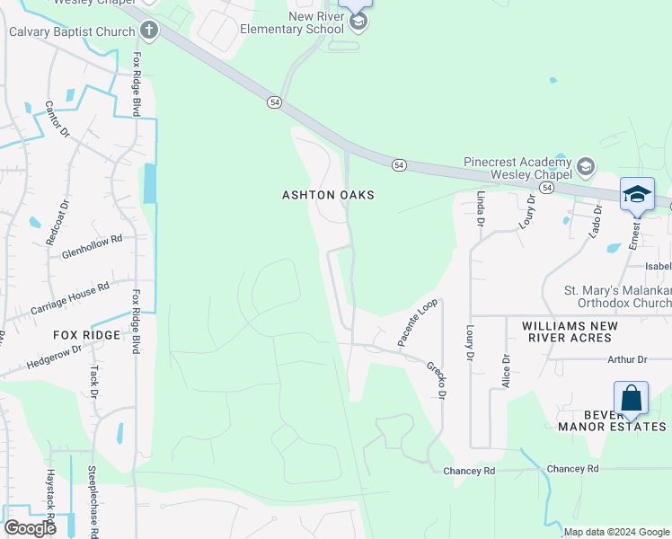 map of restaurants, bars, coffee shops, grocery stores, and more near 4040 Constantine Loop in Wesley Chapel