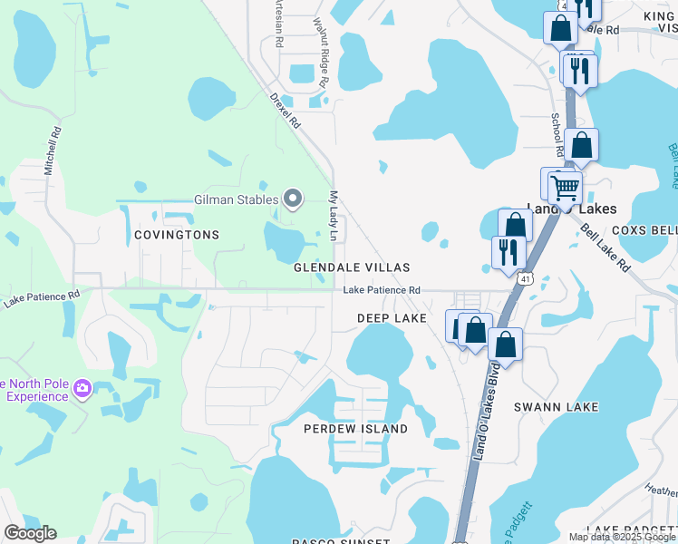 map of restaurants, bars, coffee shops, grocery stores, and more near 4021 My Lady Lane in Land O' Lakes