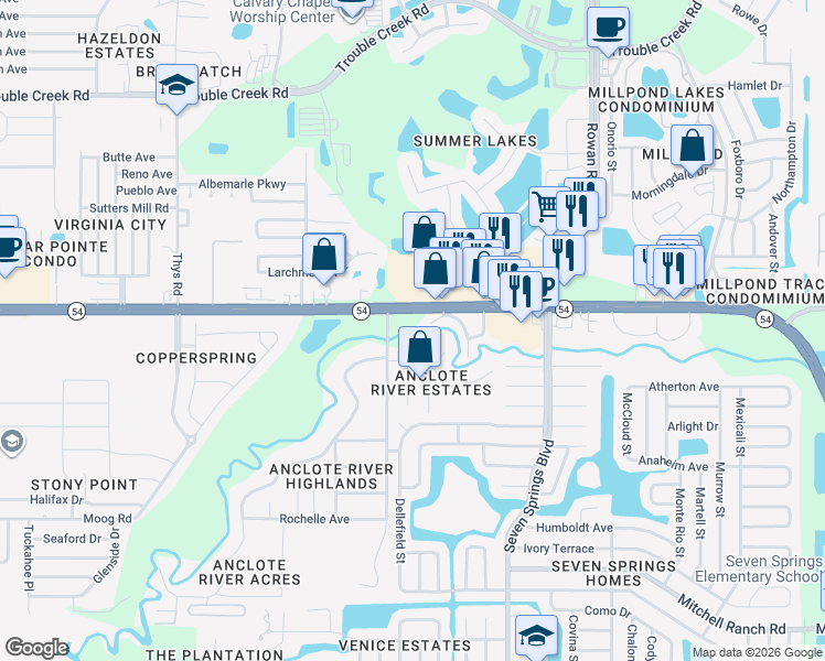 map of restaurants, bars, coffee shops, grocery stores, and more near 7032 Riverrun Road in New Port Richey