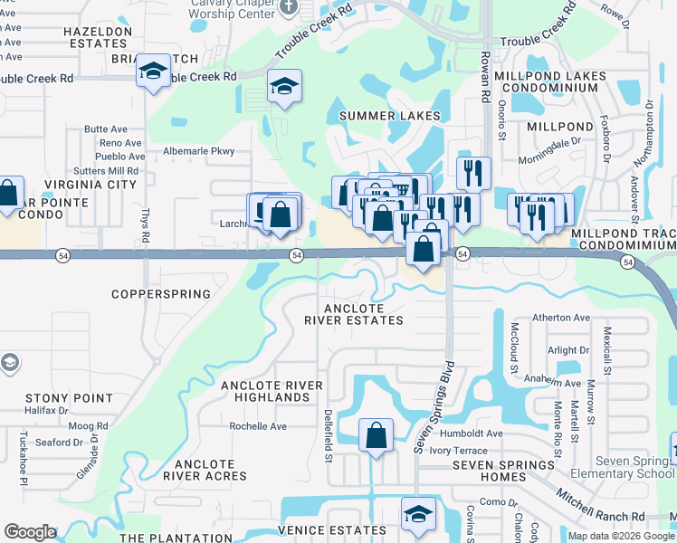 map of restaurants, bars, coffee shops, grocery stores, and more near 7032 Riverrun Road in New Port Richey