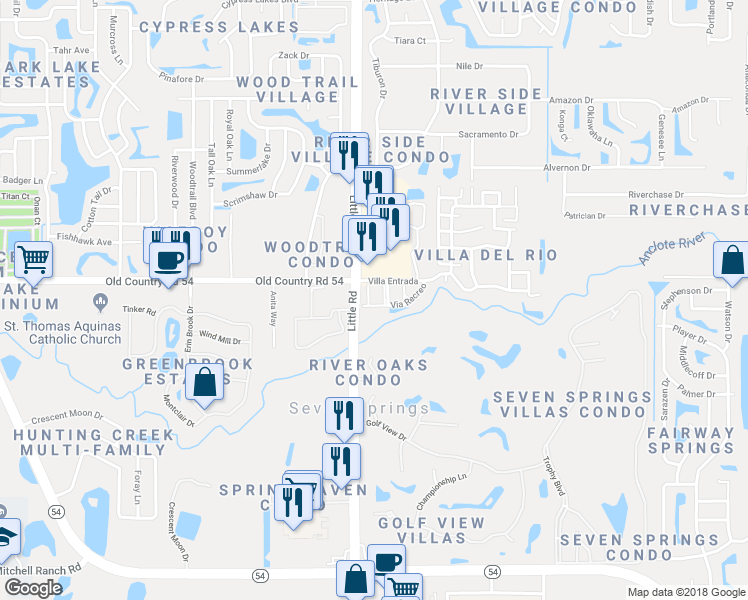 map of restaurants, bars, coffee shops, grocery stores, and more near 3932 Elvira Court in New Port Richey