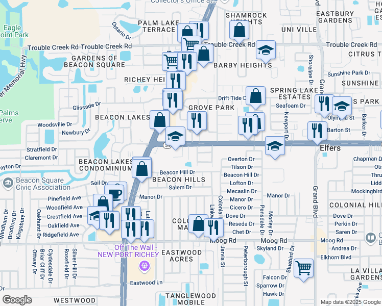 map of restaurants, bars, coffee shops, grocery stores, and more near 3926 Winston Drive in New Port Richey