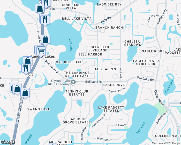 map of restaurants, bars, coffee shops, grocery stores, and more near 4102 Snipe Lane in Land O' Lakes