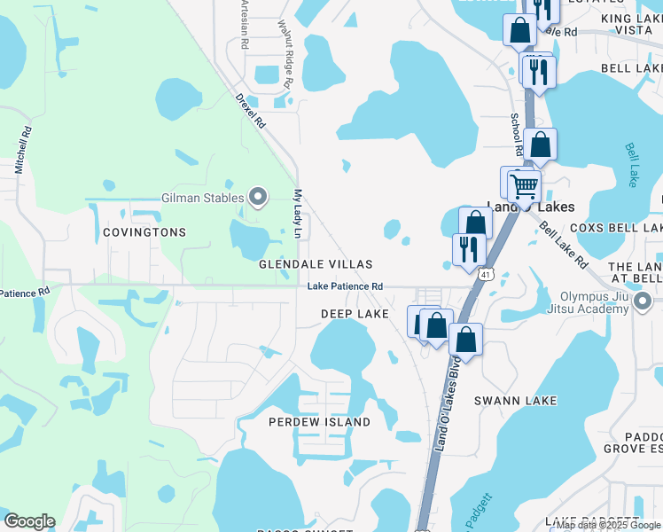 map of restaurants, bars, coffee shops, grocery stores, and more near 21101 Voyager Boulevard in Land O' Lakes