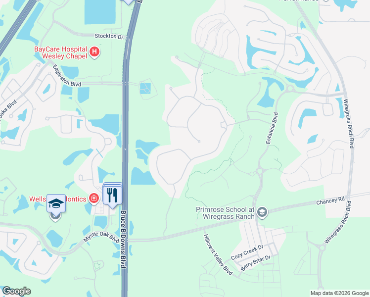 map of restaurants, bars, coffee shops, grocery stores, and more near 28366 Picana Lane in Wesley Chapel