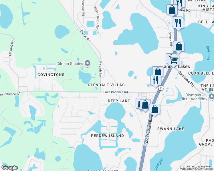 map of restaurants, bars, coffee shops, grocery stores, and more near 4021 My Lady Lane in Land O' Lakes