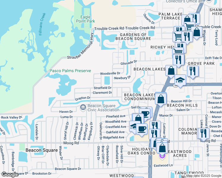 map of restaurants, bars, coffee shops, grocery stores, and more near 4144 Stratfield Drive in New Port Richey
