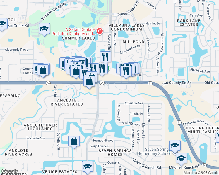 map of restaurants, bars, coffee shops, grocery stores, and more near 7446 Florida 54 in New Port Richey