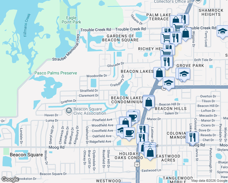 map of restaurants, bars, coffee shops, grocery stores, and more near 4312 Stratfield Drive in Port Richey