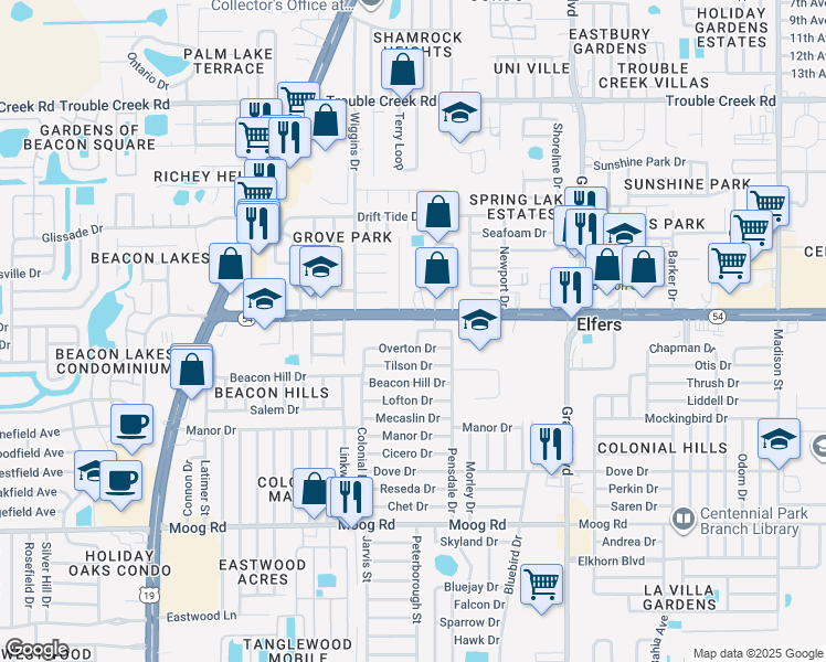 map of restaurants, bars, coffee shops, grocery stores, and more near 3962 Pensdale Drive in Port Richey