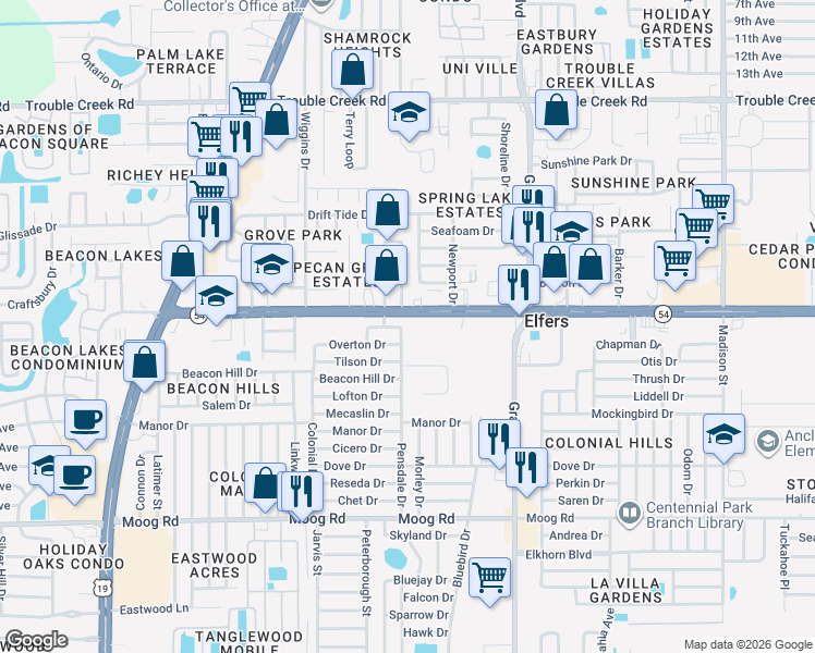 map of restaurants, bars, coffee shops, grocery stores, and more near 3928 Pensdale Dr in New Port Richey