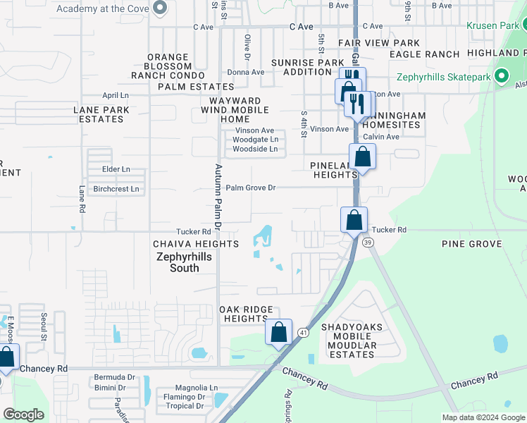 map of restaurants, bars, coffee shops, grocery stores, and more near 38147 Huff Drive in Zephyrhills