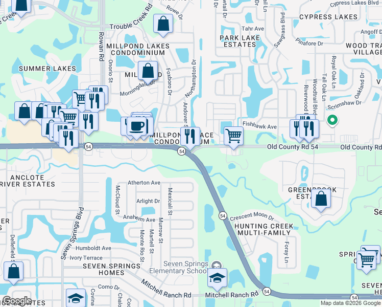 map of restaurants, bars, coffee shops, grocery stores, and more near Highway 54 in New Port Richey