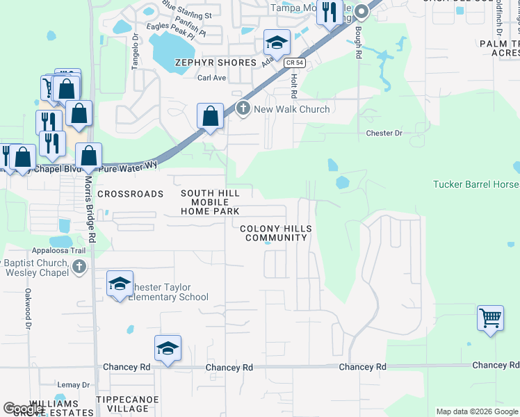 map of restaurants, bars, coffee shops, grocery stores, and more near 35110 McCulloughs Leap in Zephyrhills