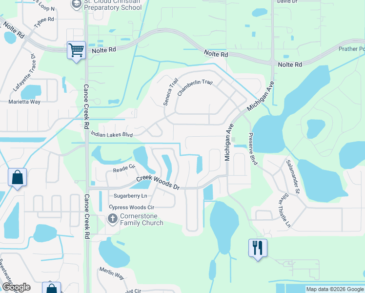 map of restaurants, bars, coffee shops, grocery stores, and more near 1330 Creekview Court in St. Cloud