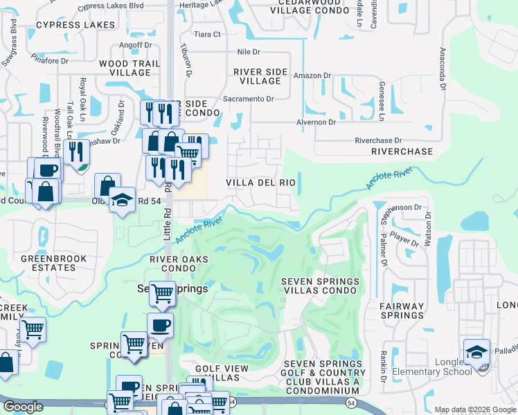 map of restaurants, bars, coffee shops, grocery stores, and more near 9326 Villa Entrada in New Port Richey
