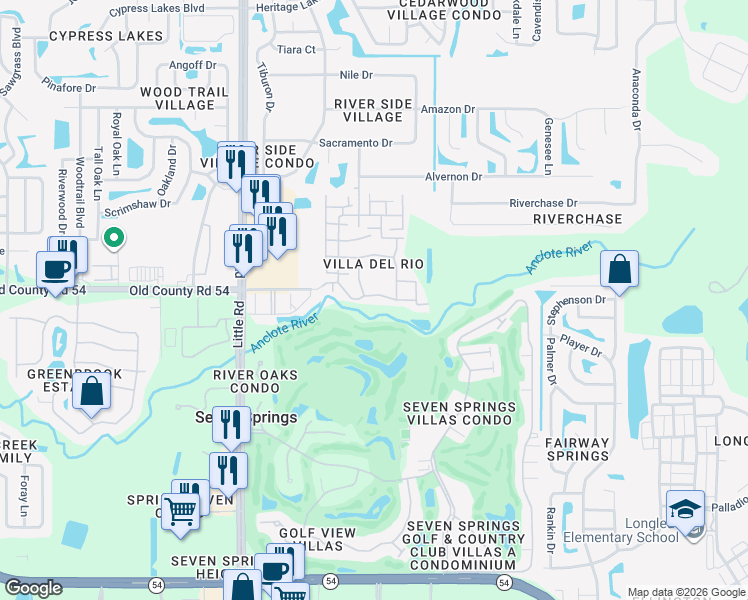 map of restaurants, bars, coffee shops, grocery stores, and more near 9326 Villa Entrada in New Port Richey