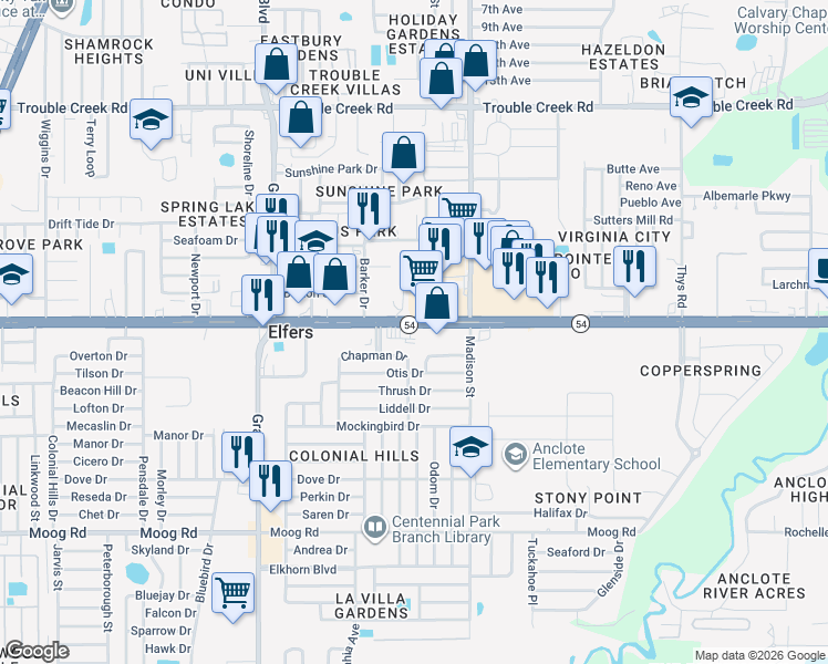 map of restaurants, bars, coffee shops, grocery stores, and more near 5836 Florida 54 in New Port Richey