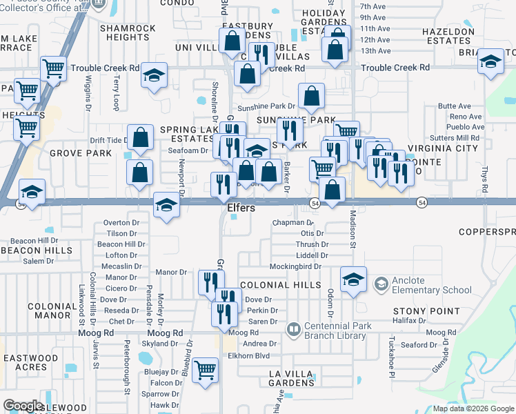 map of restaurants, bars, coffee shops, grocery stores, and more near 5651 Chapman Drive in Port Richey