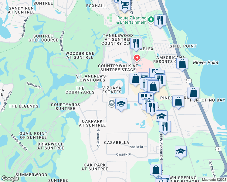 map of restaurants, bars, coffee shops, grocery stores, and more near 403 Vizcaya Court in Melbourne