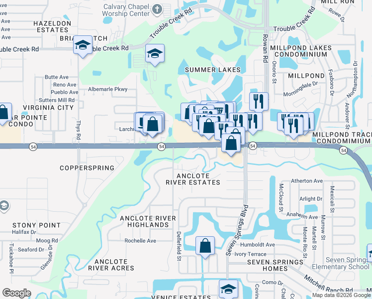 map of restaurants, bars, coffee shops, grocery stores, and more near 7032 Riverrun Road in New Port Richey