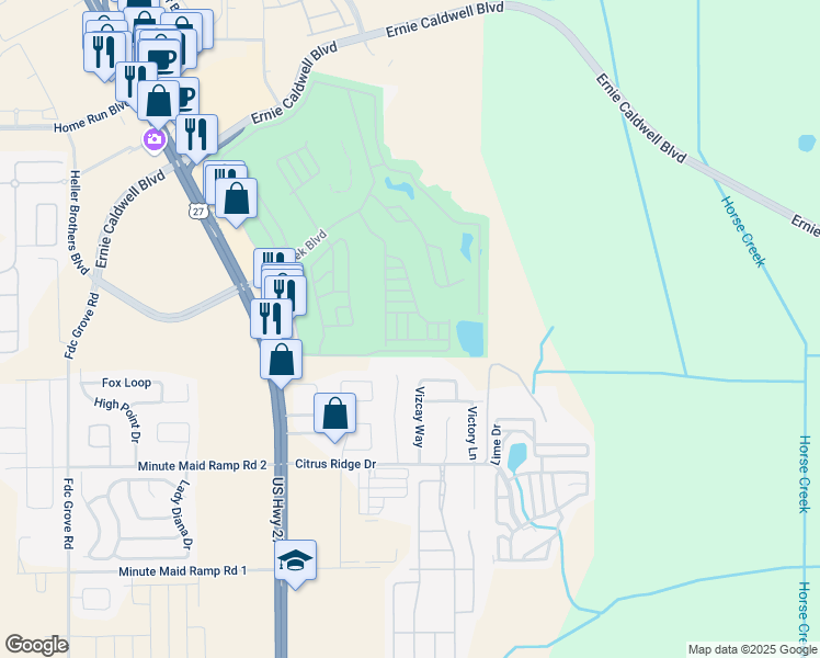 map of restaurants, bars, coffee shops, grocery stores, and more near 287 Match Point Drive in Davenport