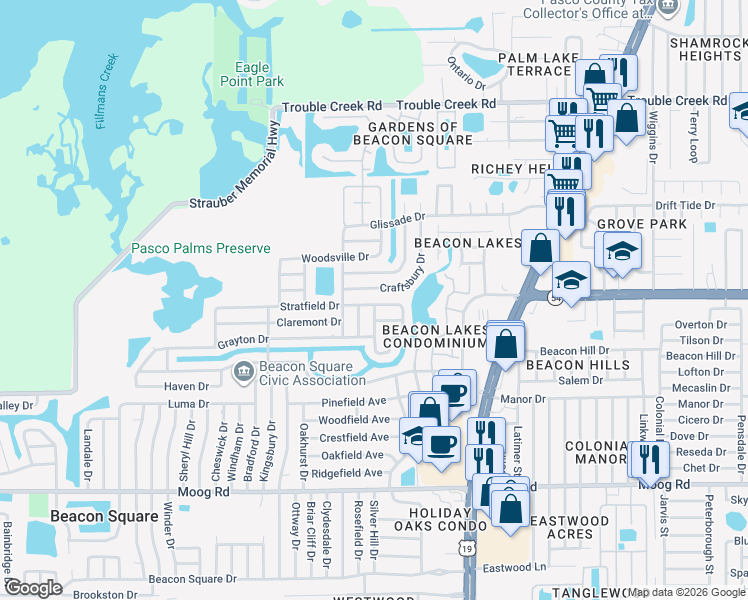map of restaurants, bars, coffee shops, grocery stores, and more near 4243 Stratfield Drive in New Port Richey