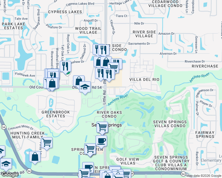 map of restaurants, bars, coffee shops, grocery stores, and more near 3952 Elvira Court in New Port Richey