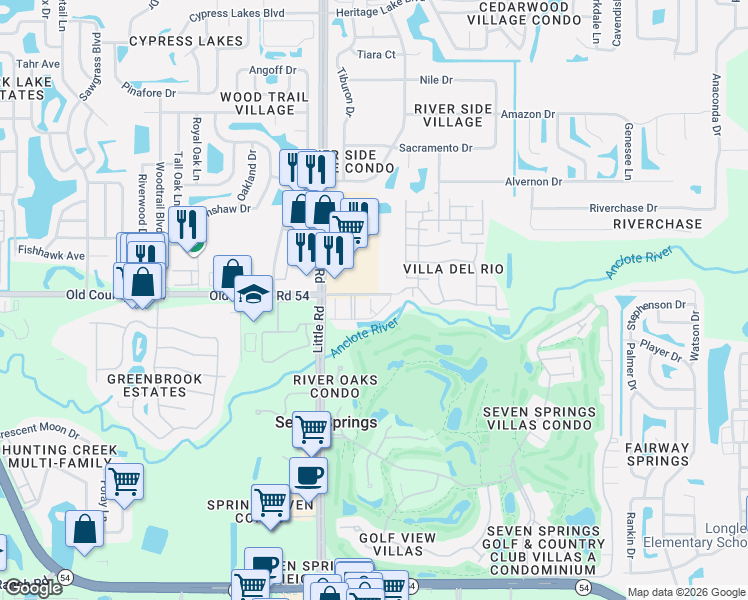 map of restaurants, bars, coffee shops, grocery stores, and more near 3956 El Canti Camino in New Port Richey
