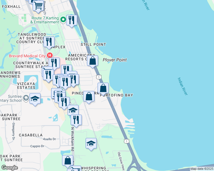 map of restaurants, bars, coffee shops, grocery stores, and more near 6475 North US Highway 1 in Melbourne
