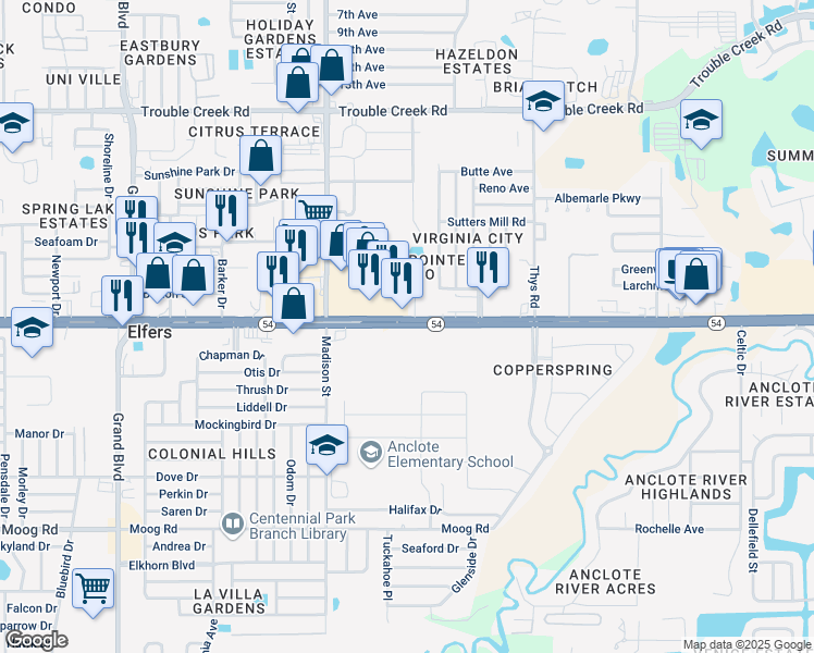 map of restaurants, bars, coffee shops, grocery stores, and more near 6100 Florida 54 in New Port Richey