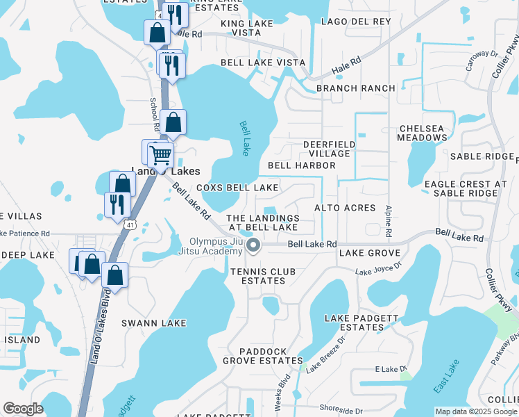 map of restaurants, bars, coffee shops, grocery stores, and more near 22035 Yachtclub Terrace in Land O' Lakes