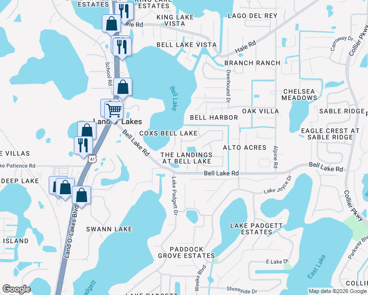 map of restaurants, bars, coffee shops, grocery stores, and more near 22035 Yachtclub Terrace in Land O' Lakes