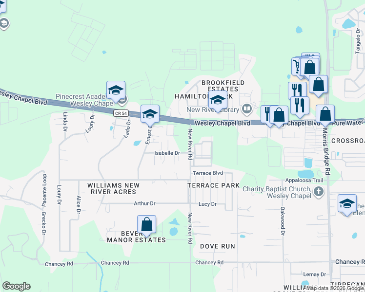 map of restaurants, bars, coffee shops, grocery stores, and more near 33718 Isabelle Drive in Zephyrhills