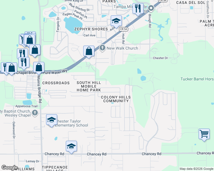 map of restaurants, bars, coffee shops, grocery stores, and more near 35110 McCulloughs Leap in Zephyrhills