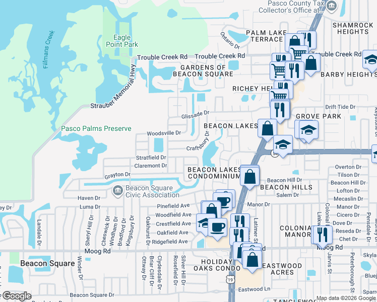 map of restaurants, bars, coffee shops, grocery stores, and more near 4248 Craftsbury Drive in New Port Richey