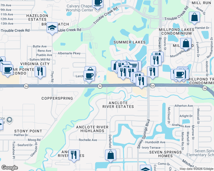 map of restaurants, bars, coffee shops, grocery stores, and more near in Pasco County
