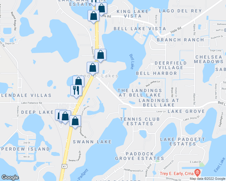 map of restaurants, bars, coffee shops, grocery stores, and more near 21815 Bell Lake Road in Land O' Lakes