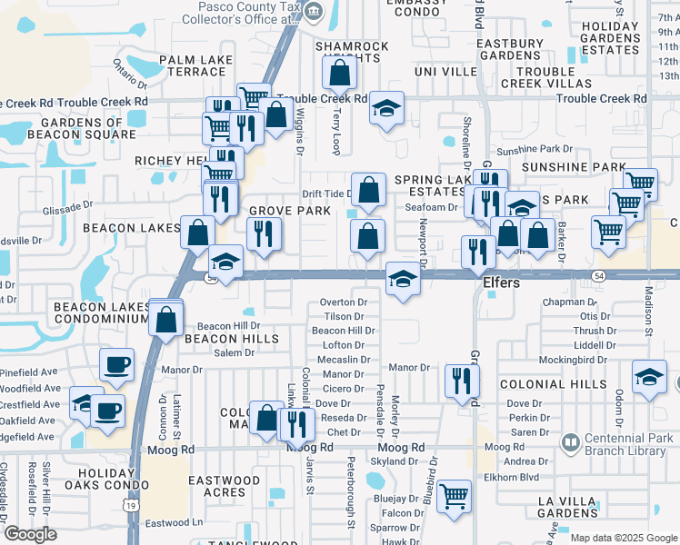 map of restaurants, bars, coffee shops, grocery stores, and more near 3962 Pensdale Drive in Port Richey