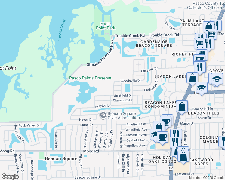 map of restaurants, bars, coffee shops, grocery stores, and more near 4021 Newcastle Drive in Port Richey
