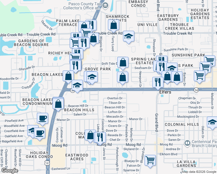map of restaurants, bars, coffee shops, grocery stores, and more near 5023 Queen Palm Drive in New Port Richey